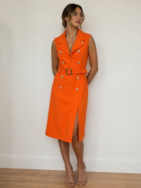 Revamped Dresses & Skirts - Sleeveless Belted Midi Dress in Orange Size Medium